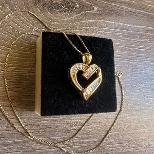 Elegant Gold Heart Pendant Necklace Stamped 925 Sterling Silver Baguette CZ